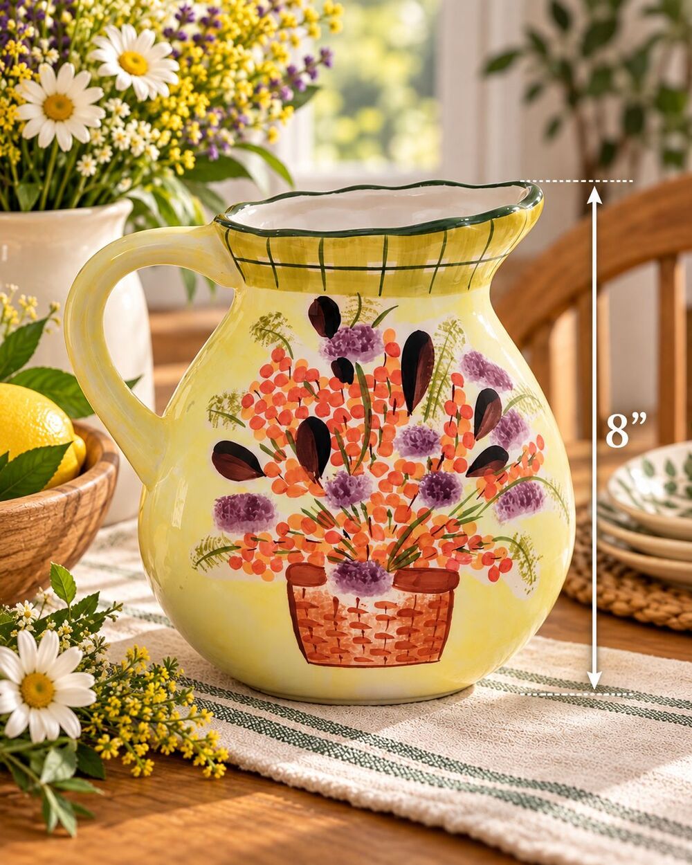HausenWare Inc 2002 Ceramic Floral Pitcher 8" Yellow Green Hand Painted Vase
